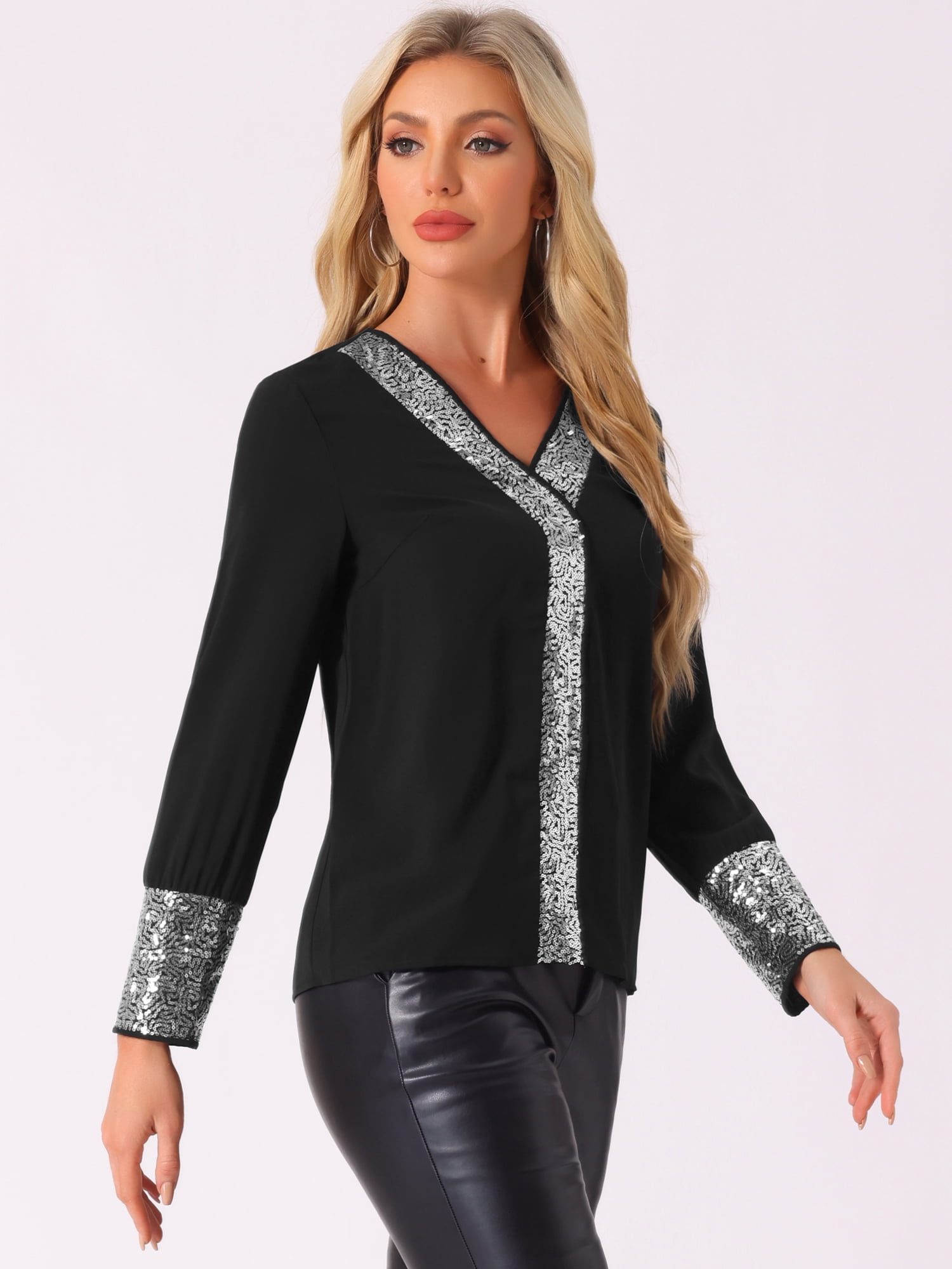 DARING DIVA Women's Sequin V Neck Long Sleeve Lightweight Shirts XS Black