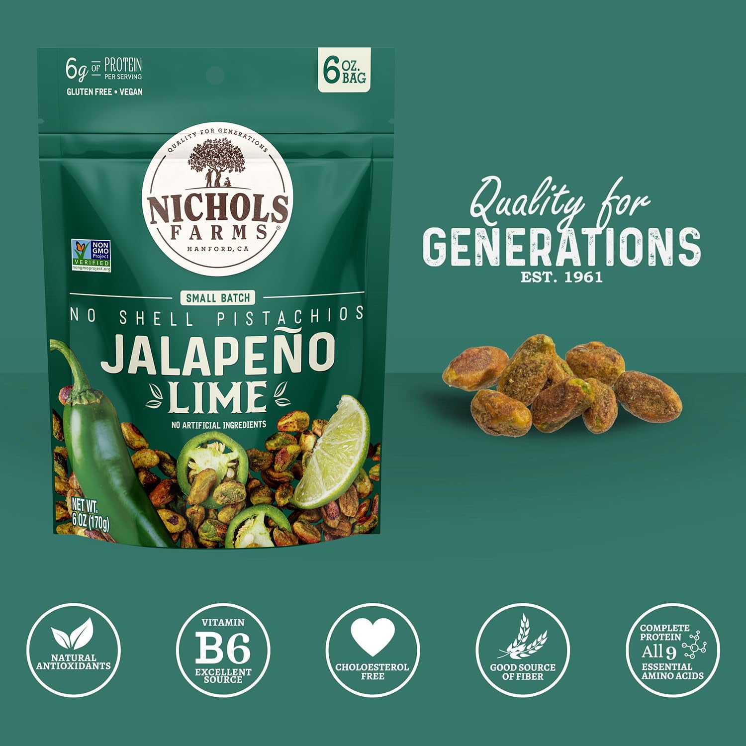 Nichols Farms, Jalapeno Lime No Shell Pistachios, 6 oz (Pack of 1)