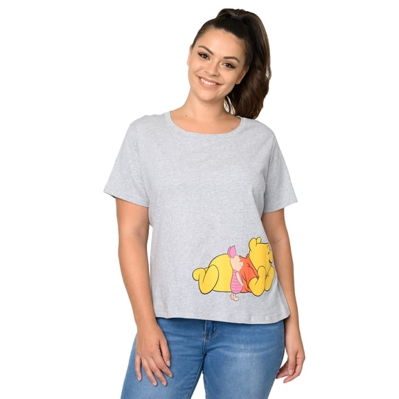 Winnie The Pooh Cropped T-Shirt Piglet Eeyore Tigger Women's Plus Size Gray