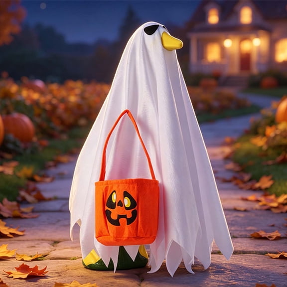 SUORE Halloween Goose Outfit Ghost Porch Goose Clothes for Outdoor Lawn Decor, Fall White Pumpkin Goose Costume for 23" Geese Holiday Outdoor Patio Yard Lawn Decoration