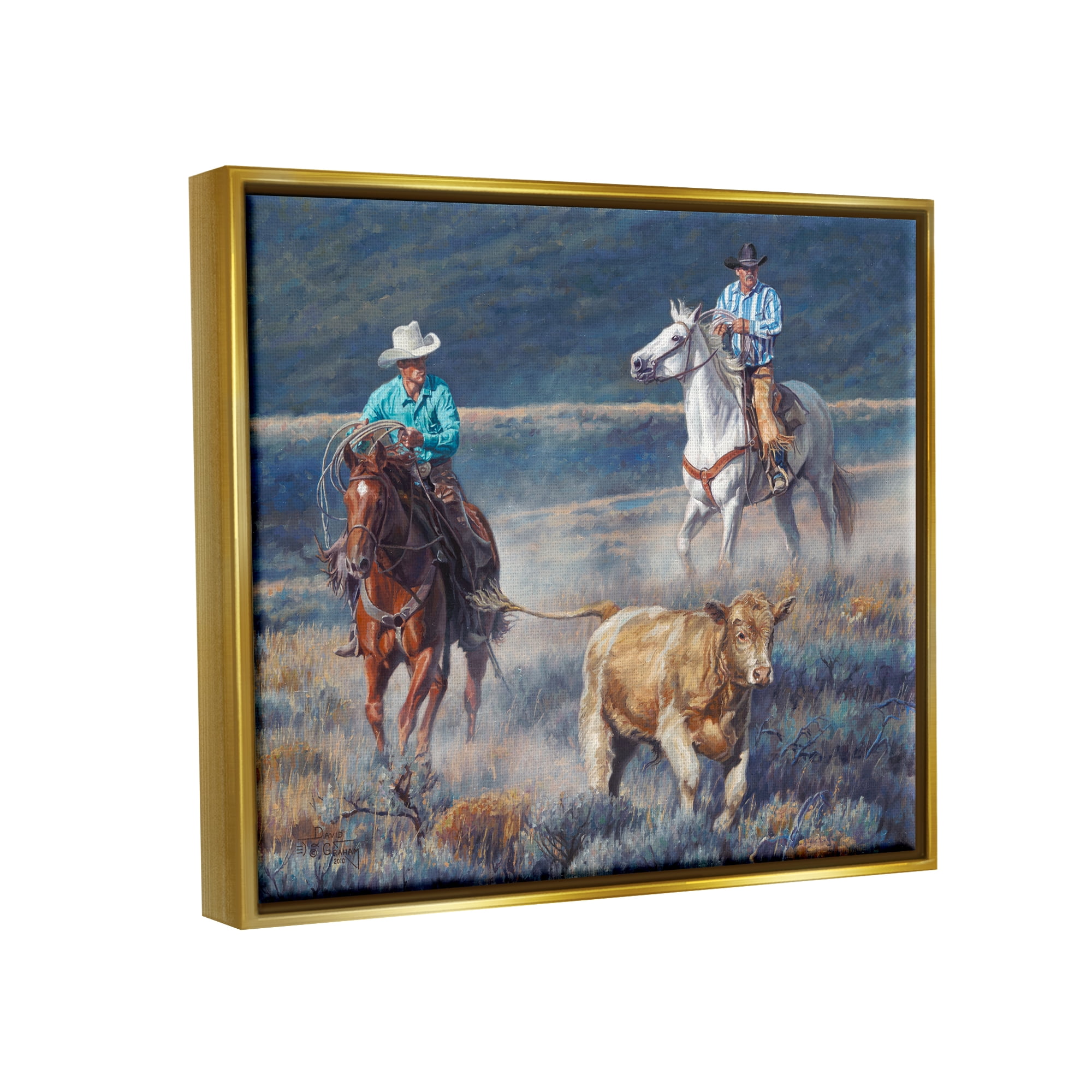 Stupell Industries Cowboys Wrangling Cattle Animals & Insects Painting Gold Floater Framed Art Print Wall Art, 31 x 25
