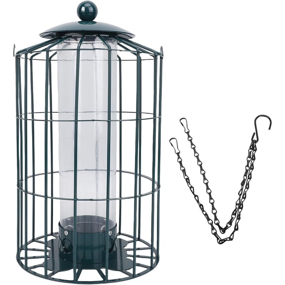 HuiXinOu Squirrel Proof Bird Feeder, Hanging Clear Tube Design with Metal Chain, Heavy Duty Iron Material, Weather Resistant, Suitable for Various Outdoor Environments