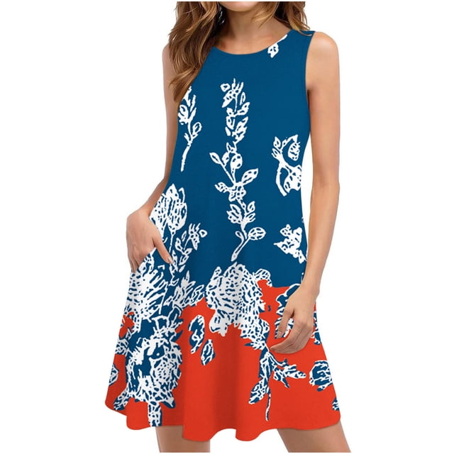 Mefallenssiah Robes d'Été pour Femmes Plage Florale T-Shirt Robe Décontractée Poches Boho Robe Débardeur