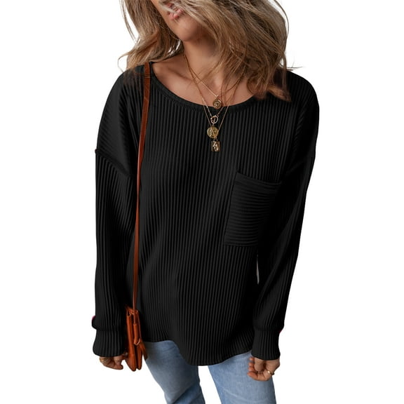 Women's Black Corded Drop Shoulder Long Sleeve Top