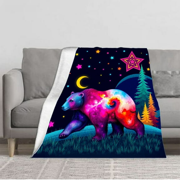 Vibrant Cosmic Bear Flannel Blanket - Soft Warm Pattern for Sofa Travel Bed & Chair - Cozy Night Sky Design