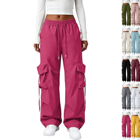 Baggy Cargo Pants Women Low Rise Wide Leg Parachute Pants Comfy Riding Utility Hiking Pant with Pockets Travel Y2k Streetwear Hot Pink M