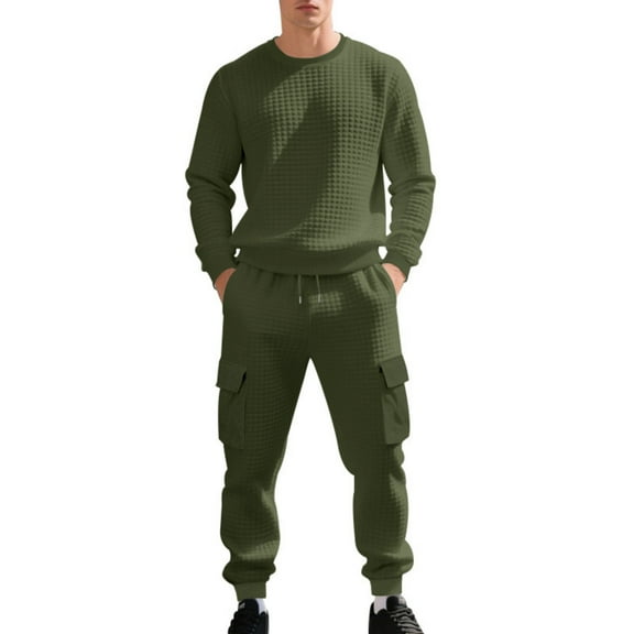 Men's Waffle Knit Pullover Sweatshirt and Cargo Jogger Pants Set Casual Crewneck Long Sleeve Top with Pocket Design