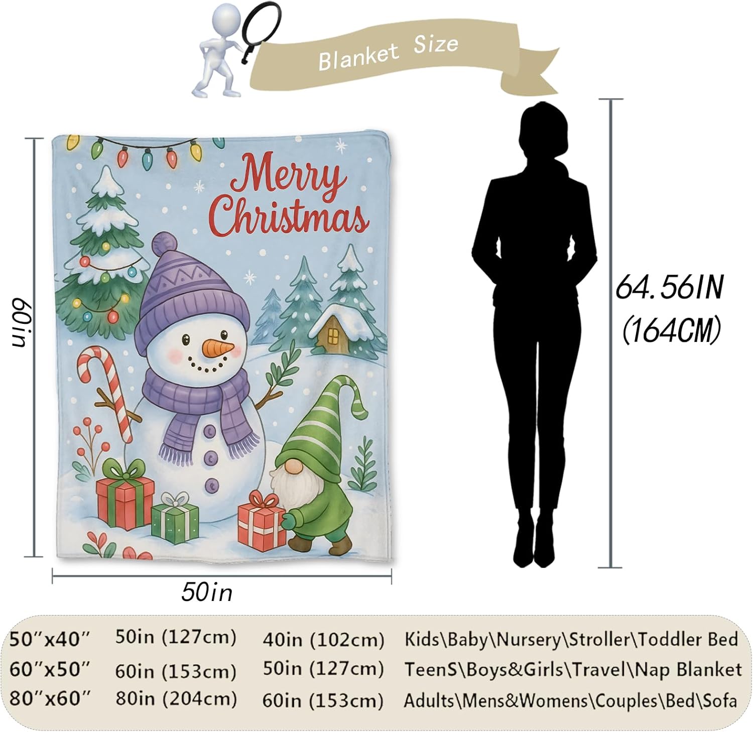 Christmas Snowman and Gnome Blanket, Soft Lightweight Flannel Blanket for Couch, Bed, Travel & Festive Decor Gifts, Cozy Warm Winter Holiday Blankets for Women Women Adults Users 60×50 in