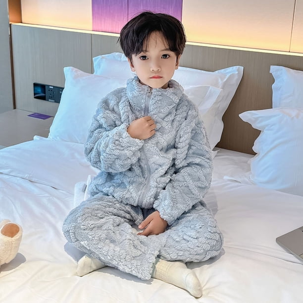 Pijamas gruesos para niños, otoño e invierno, franela, cárdigan para niños y niñas, ropa de casa, traje de polar coral para bebés