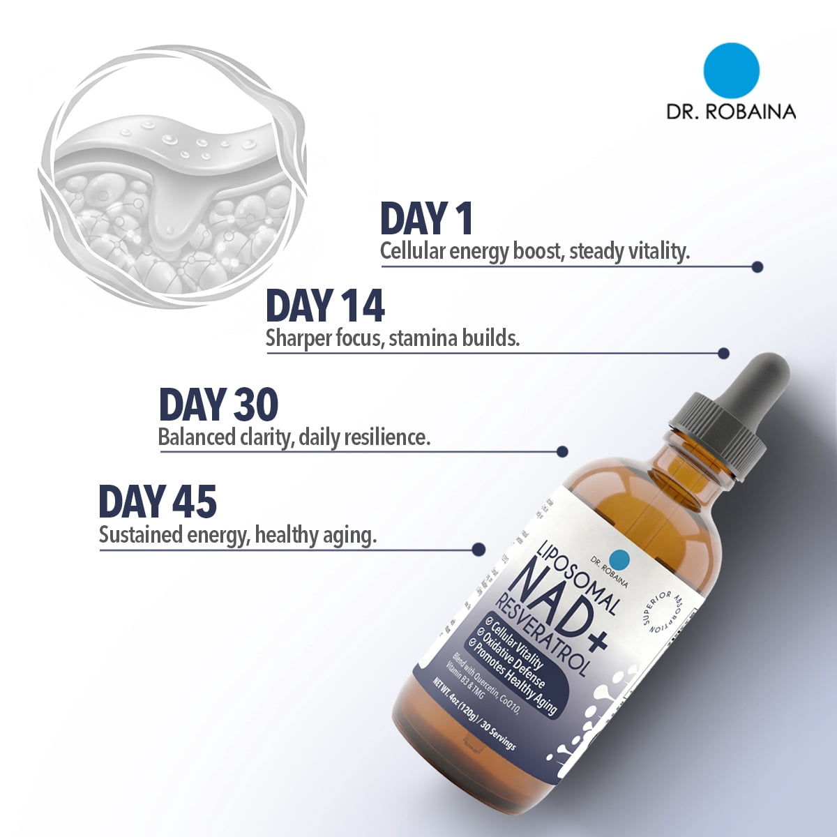 Dr. Robaina Liposomal NAD+ Resveratrol Liquid Supplement - CoQ10 & Quercetin - Anti-Aging & Cellular Energy (4 fl oz)