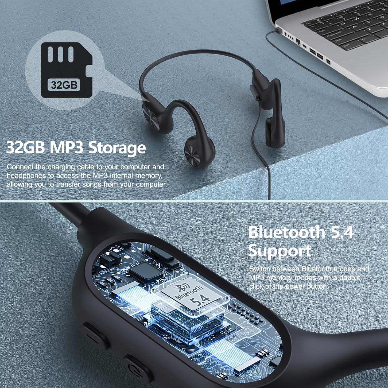 Wrongduck Bone Conduction Swimming Headphones, IPX8 Waterproof Bluetooth 5.4 Sports Headphones with 32GB MP3 Player, Open Ear Underwater Headphones for Swimming, Running, and Workout, 8H Battery