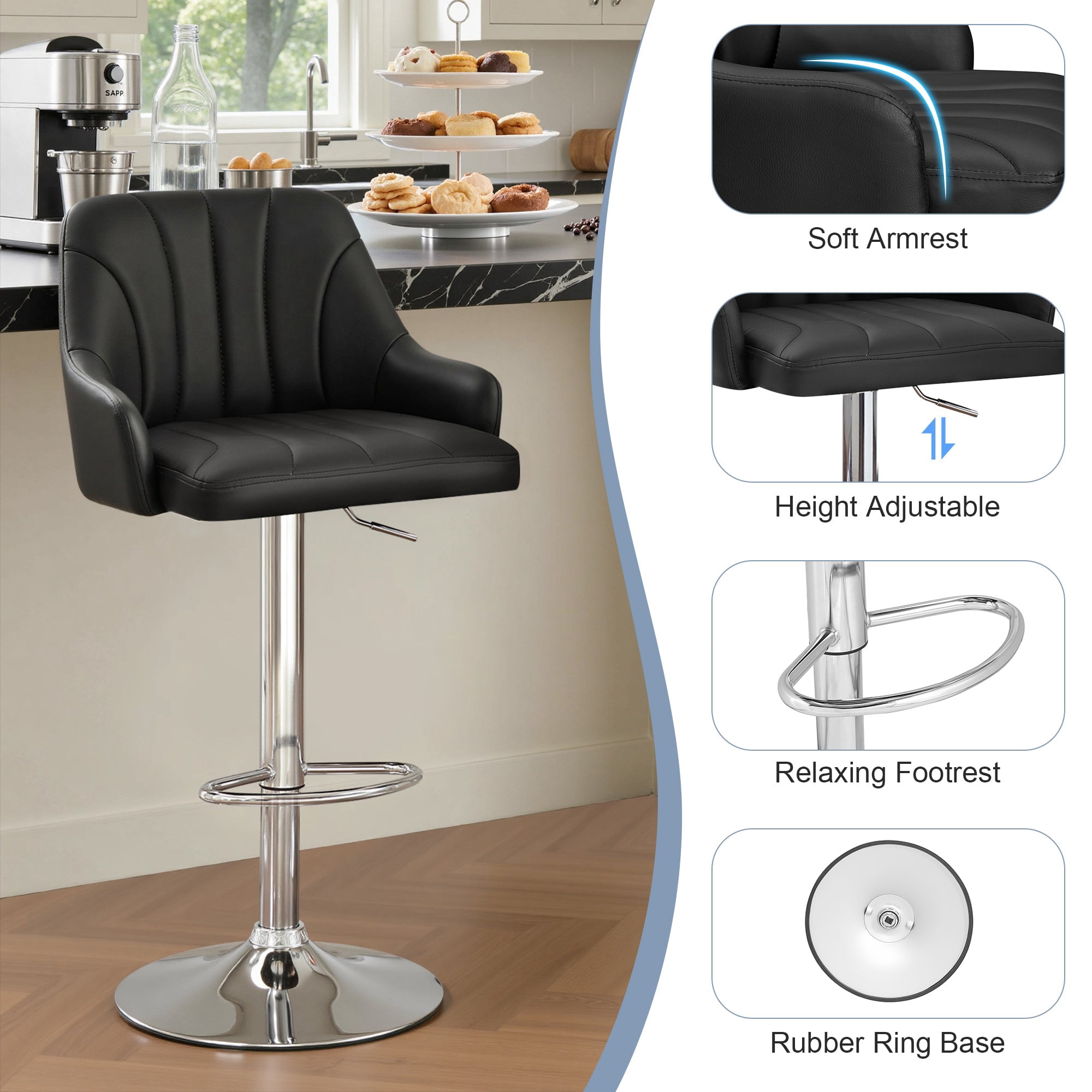 VECELO Set of 2 Swivel Bar Stools, Adjustable Counter Height Barstools Faux Leather Chair with Backrest and Armrest, Black