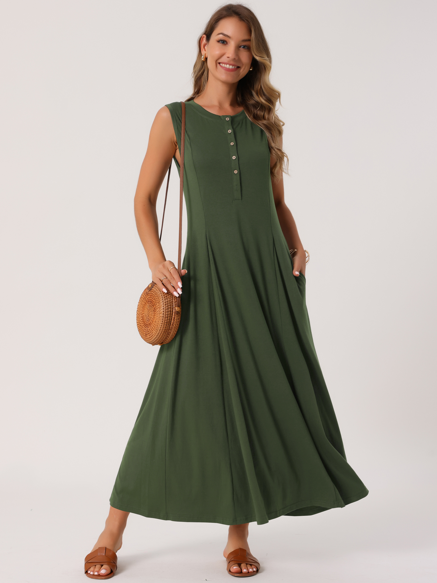 DARING DIVA Sleeveless Button A-Line Casual Maxi Dress M Army Green