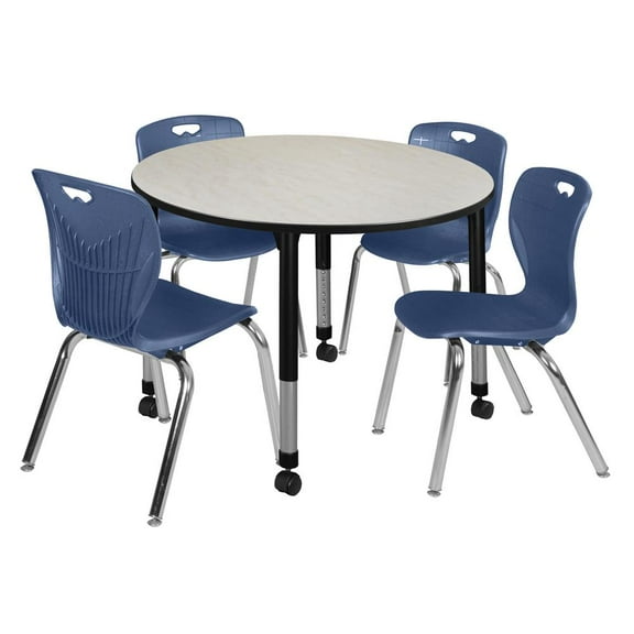 Kee 48in. Round Adjustable Student Table-Maple & 4 Andy 18-in  Chairs-Blue