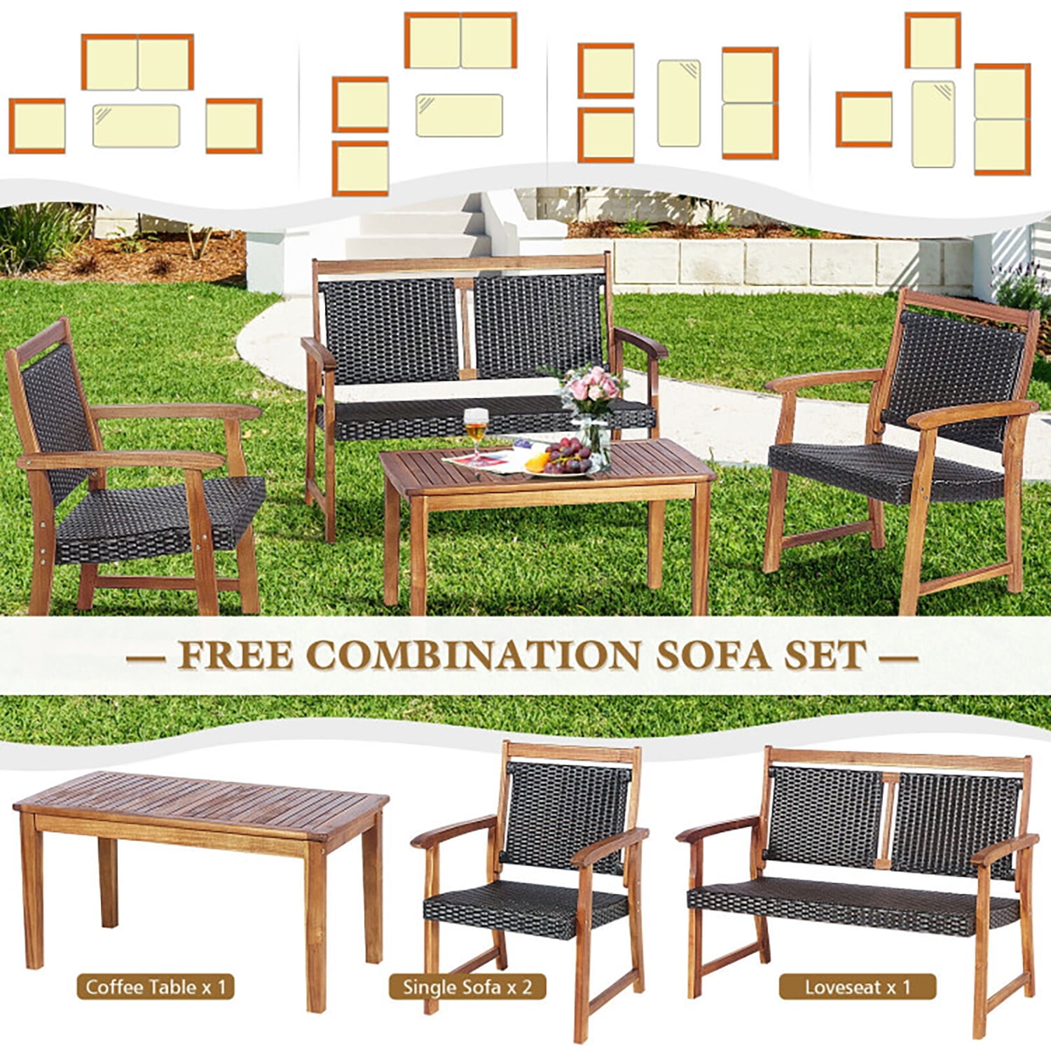 Aimee Lii 4 Pieces Rattan Bistro Set with Acacia Wood Frame, Modern Patio Furniture Aimee Lii 4 Pieces Rattan Bistro Set with Acacia Wood Frame, Modern Patio Furniture