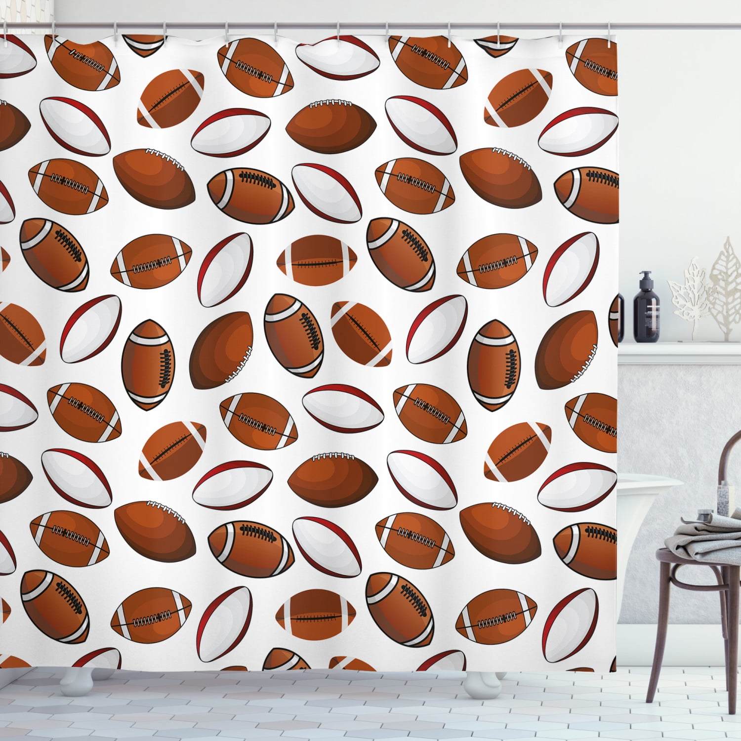 American Football Shower Curtain, Classic Design Rugby Balls in Cartoon