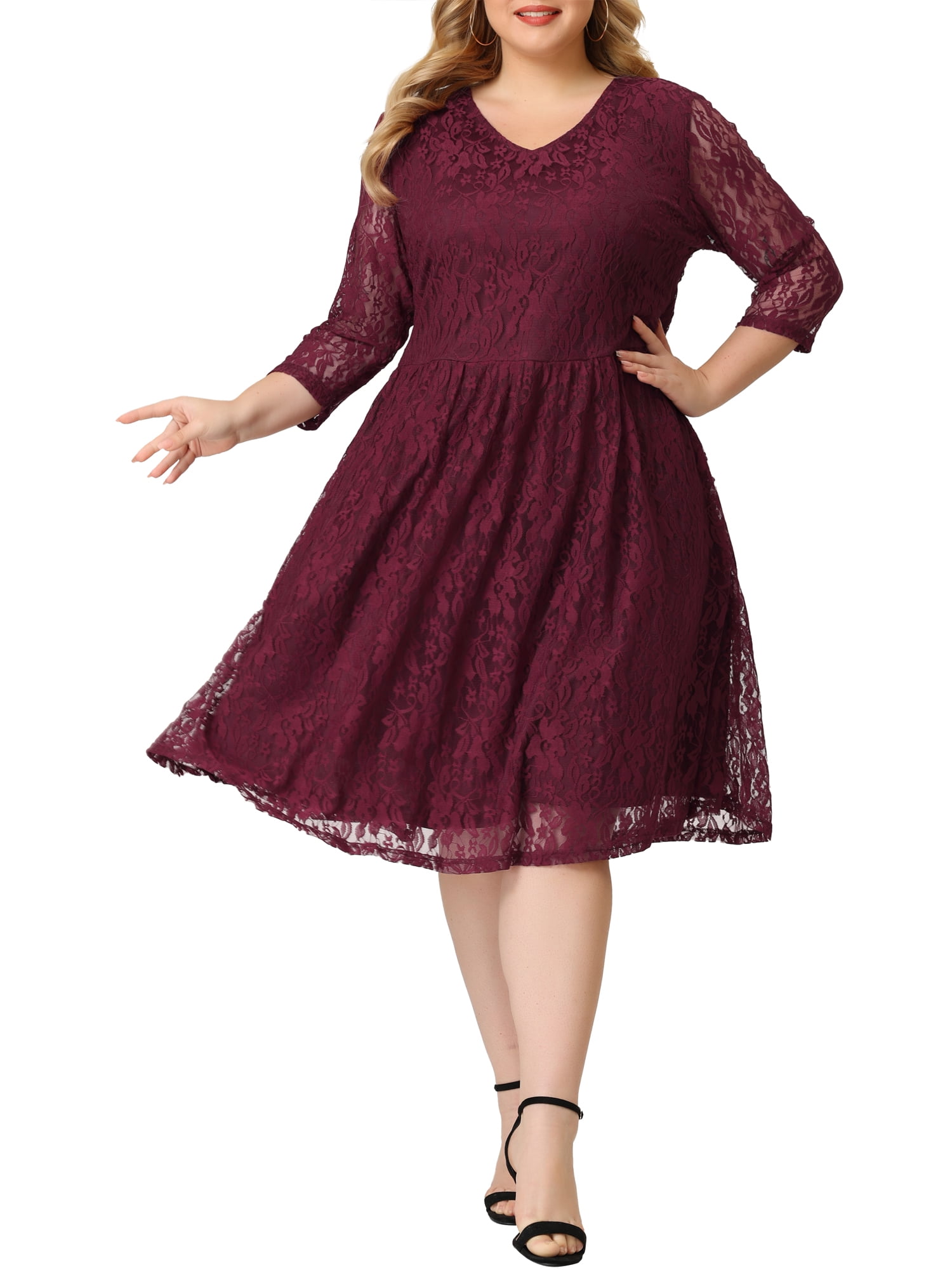 Unique Bargains Women's Plus Elegant Floral Embroidery Lace Knee Length Dress