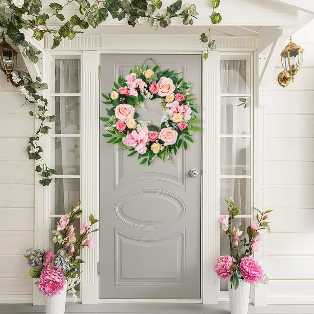 Catégorie de Produit Couronne Titre du Produit Couronne de Roses Rouge Porte d'Entrée Couronne Florale de Printemps avec Feuilles Maison Fleurs en Soie Réalistes pour Toute Pièce