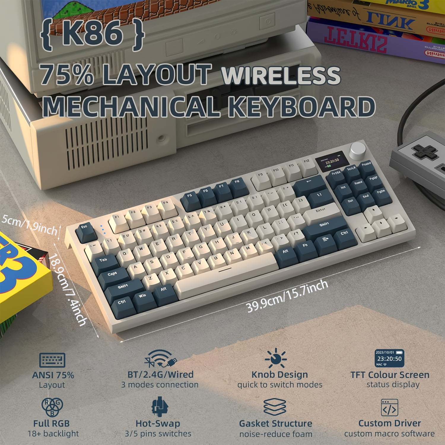ATTACK SHARK K86 Wireless Mechanical Keyboard 75% with TFT Color Display & Knob Apex Pro TKL, 2.4G/Bluetooth/USB-C Wired RGB Backlit, Hot Swappable