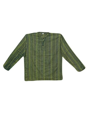 Mogul Men's Green Tunic Handloom Cotton Long Sleeves Stripes Button Front Kurta Shirt