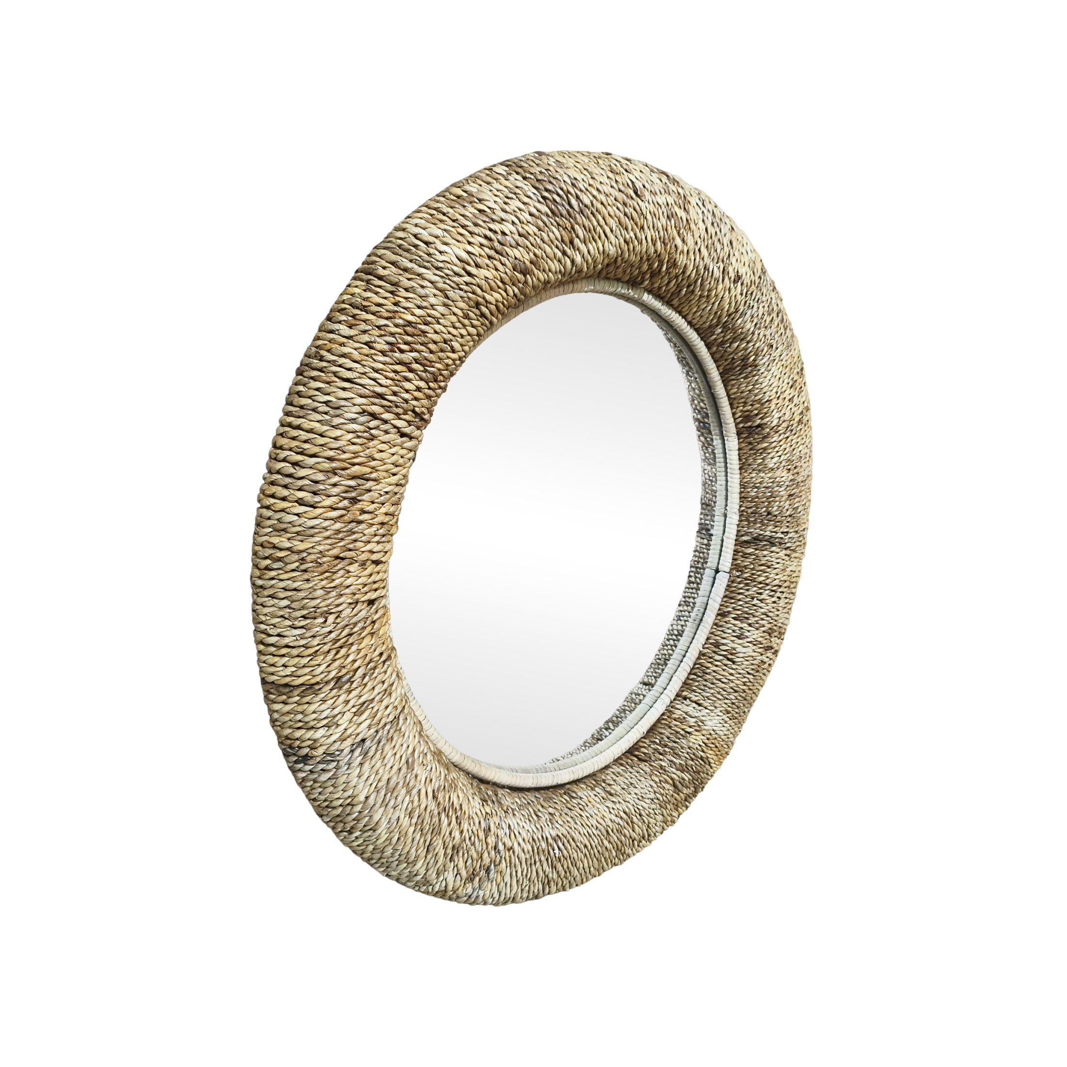 DecMode Coastal Brown Weaved Rattan Round Wall Mirror, 35"D