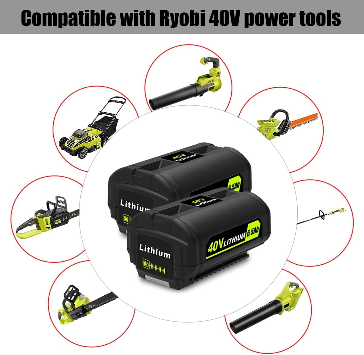 2 Pack OP4040 40V 6.5Ah Battery Replacement for Ryobi 40V 4Ah Battery OP4040 5Ah OP4050A 6Ah OP40601 OP4060A1 OP40602 2Ah OP40201 Compatible with Ryobi 40V Lithium Battery 4Ah 5Ah 6Ah