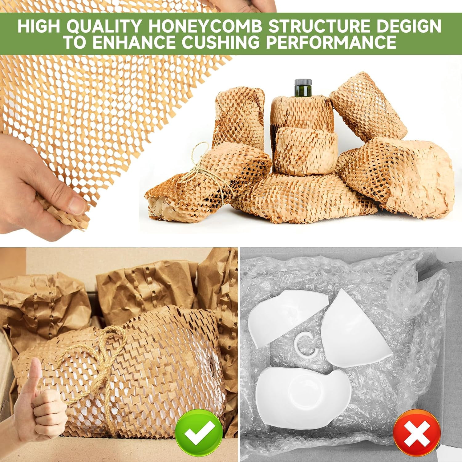 Honeycomb Packing Paper Wrap 15''x328', Substitute Alternative for Bubble Cushioning Moving Shipping Packaging, Recyclable Supplies with 48 Fragile Sticker Labels