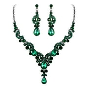 Wedure Austrian Crystal Costume Jewelry Set for Women, Art Deco Floral Teardrop Necklace Earrings Set for Bride Green Black-Tone