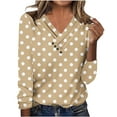 thumbnail image 2 of EchfiProm Womens V-Neck Tops Beige Relaxed Fit Casual Long Sleeve Polka Dot T-Shirt for Ladies, 2 of 7