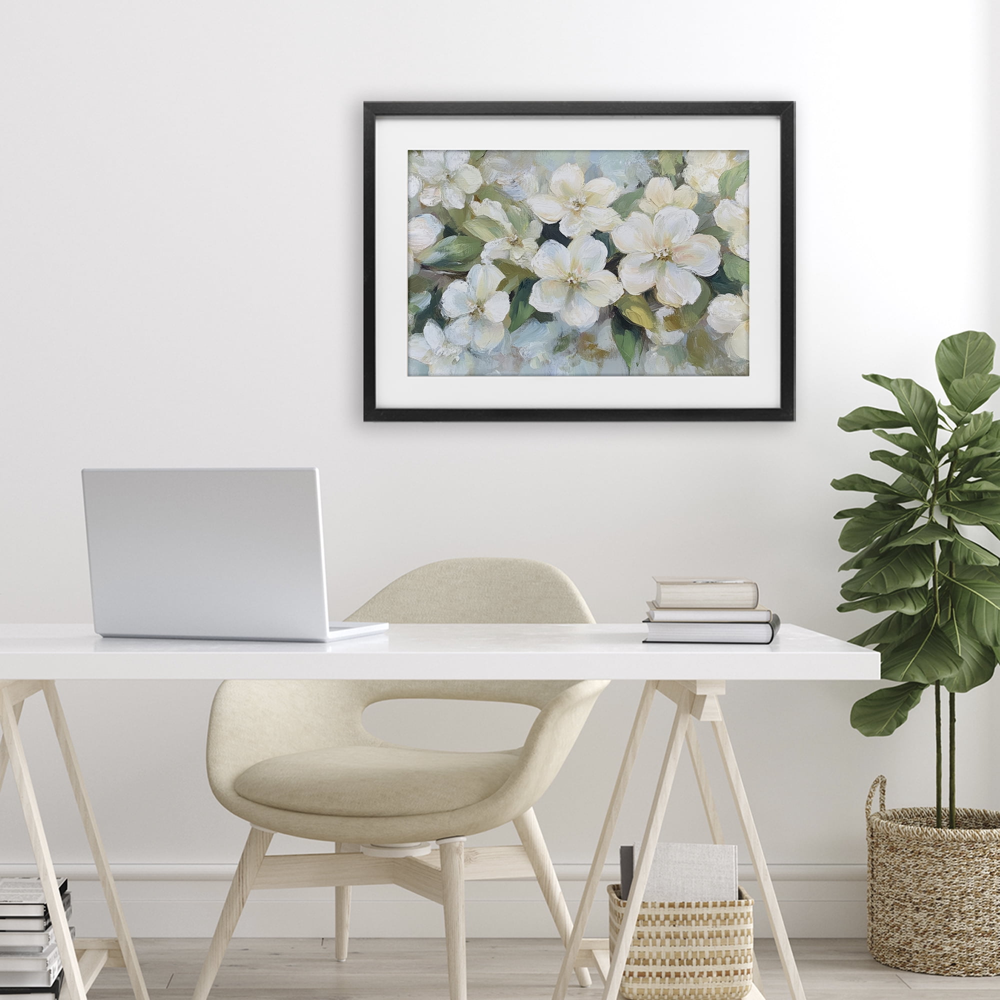 Stupell Industries Painted White Flowers in Leaves Black Framed Print Under Glass, design by Petal Prints Design