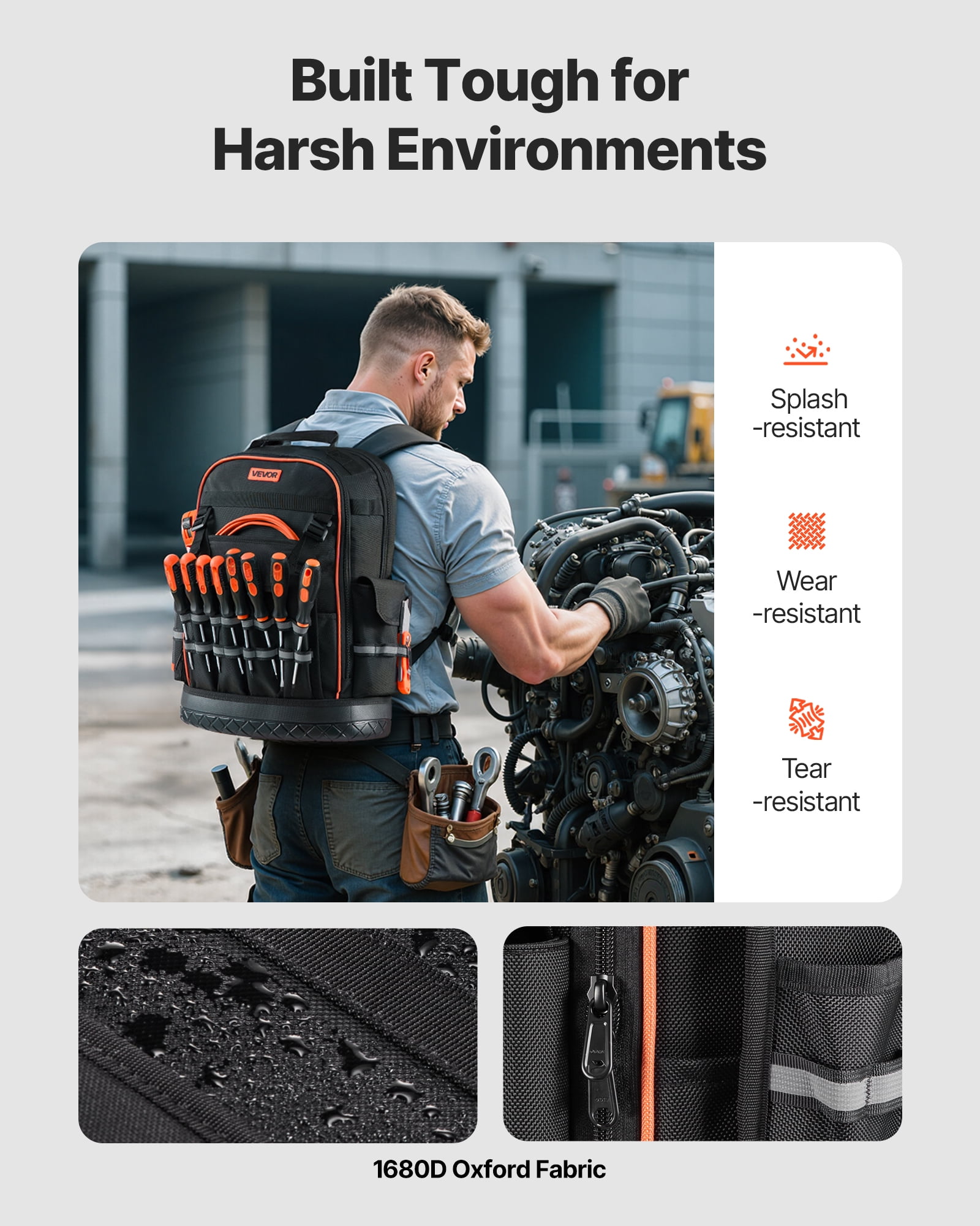 VEVOR Tool Backpack, 64 Pockets, Heavy-duty Tools Storage Organizer Work Bags with Laptop Compartment & Molded Base, Electrician Jobsite Backpack for Electrician, Repairman, and HVAC Techs