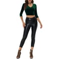 thumbnail image 2 of MODA NOVA Juniors Party V Neck 3/4 Sleeves Cropped Velvet Blouse Dark Green XS, 2 of 5