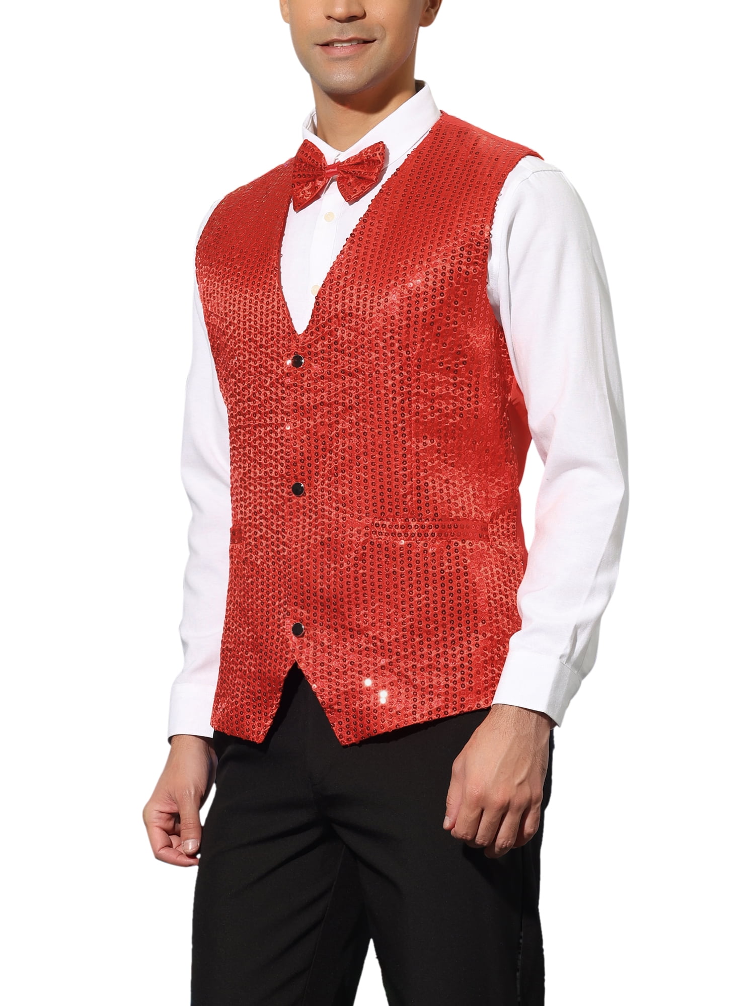 Unique Bargains Men's Sequin Waistcoat Sleeveless Dress Suit Vest with Bow Tie S Red