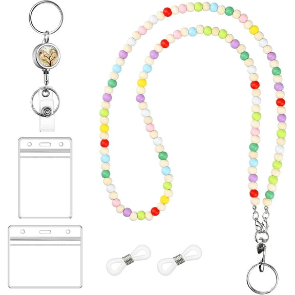 Teacher Lanyard with ID Holder Colorful Beaded Badge Lanyard Cute Retractable Lanyards for ID Badges Eyeglass Chains for Women