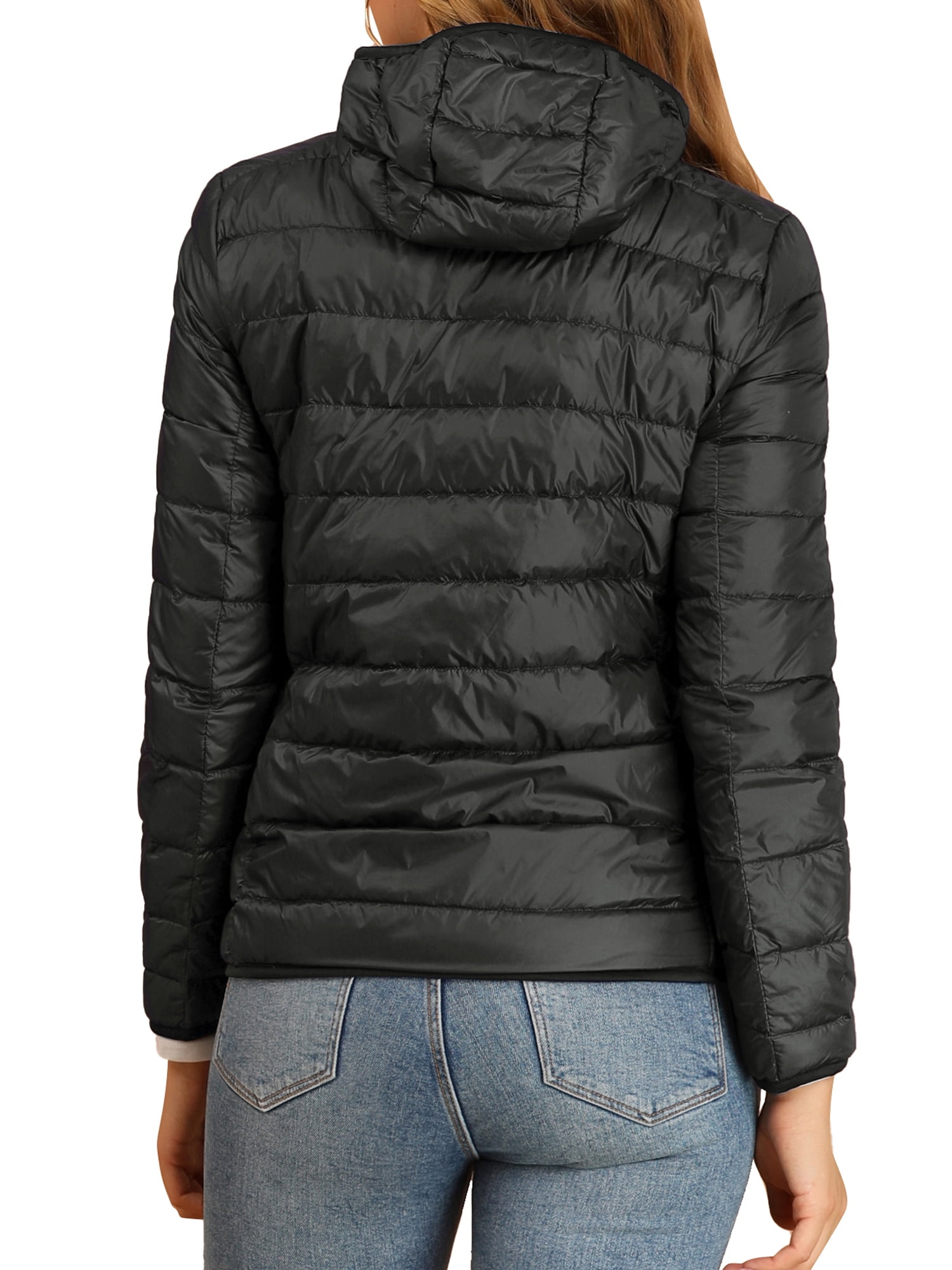DARING DIVA Women's Hooded Zip Up Short Down Lightweight Jacket L Black