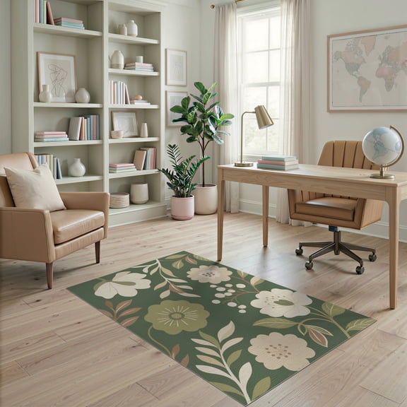 ODIKA 4'x6' Olive Green Cream Floral Elegance Washable Area Rug Vintage Botanical Pattern with Graceful Blooms Stain Resistant, Low Pile, Easy Care for Dorm Room, Small Living