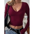 thumbnail image 4 of Long Sleeve Shirts for Women Fall Fashion V Neck Basics Crop Tops Slim Fitted Y2K Tops Outfits Clothes Wine Red XL, 4 of 8