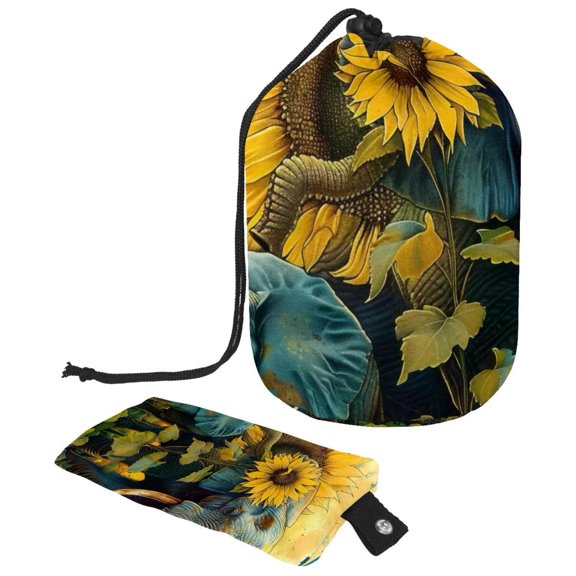 PhooArto Drawstring Cosmetic Bag, Barrel Shaped Portable Travel Makeup Bags, Vintage Sunflower Elephant Large Capacity Waterproof Multifunctional Bucket Toiletry Bag