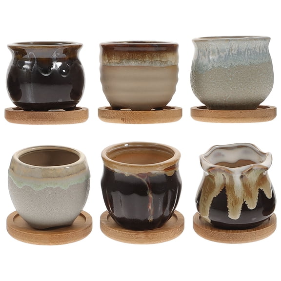 TABLZONE 6Pcs Polished Ceramic Succulent Planter Pots for Indoor Decor with Bamboo Tray