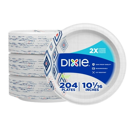 Dixie 10 Inch Paper Plates, Dinner Size Printed Disposable Plate, 204 Count (3 Packs Of 68 Plates)