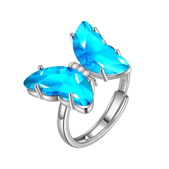 Blue Butterfly Ring Aquamarine March Birthstone Rings Adjustable Crystal Jewelry 925 Sterling Silver Women Birthday Mother's Day Gifts Juwaliy