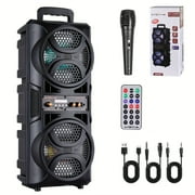 6.5" Portable PA Speaker with Dual Subwoofer, BT/AUX/USB/FM, Rechargeable Battery, LED Lights, Remote & Mic for Karaoke & Outdoor Events
