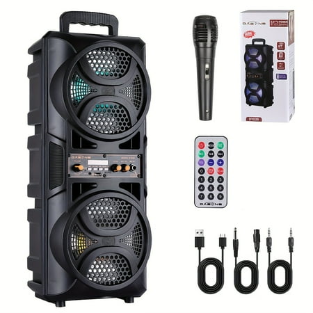 6.5" Portable PA Speaker with Dual Subwoofer, BT/AUX/USB/FM, Rechargeable Battery, LED Lights, Remote & Mic for Karaoke & Outdoor Events
