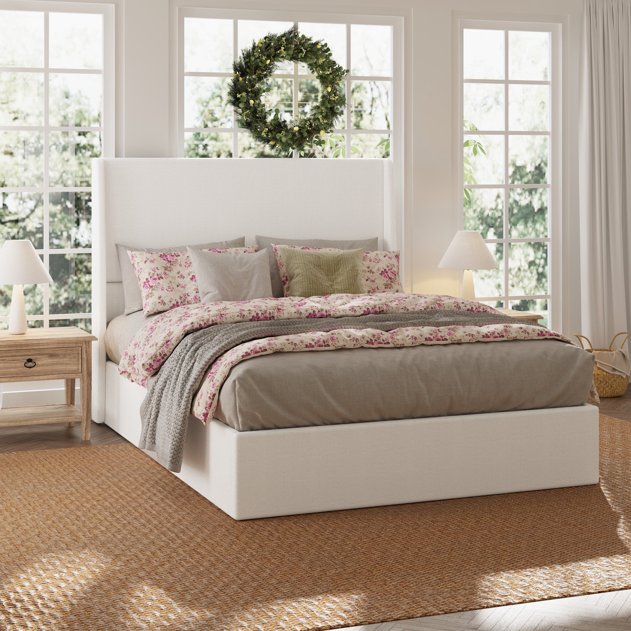 GDF Studio Queen Size Upholstered Bed with Chenille Fabric, High Headboard and 12-Slat Support, Beige
