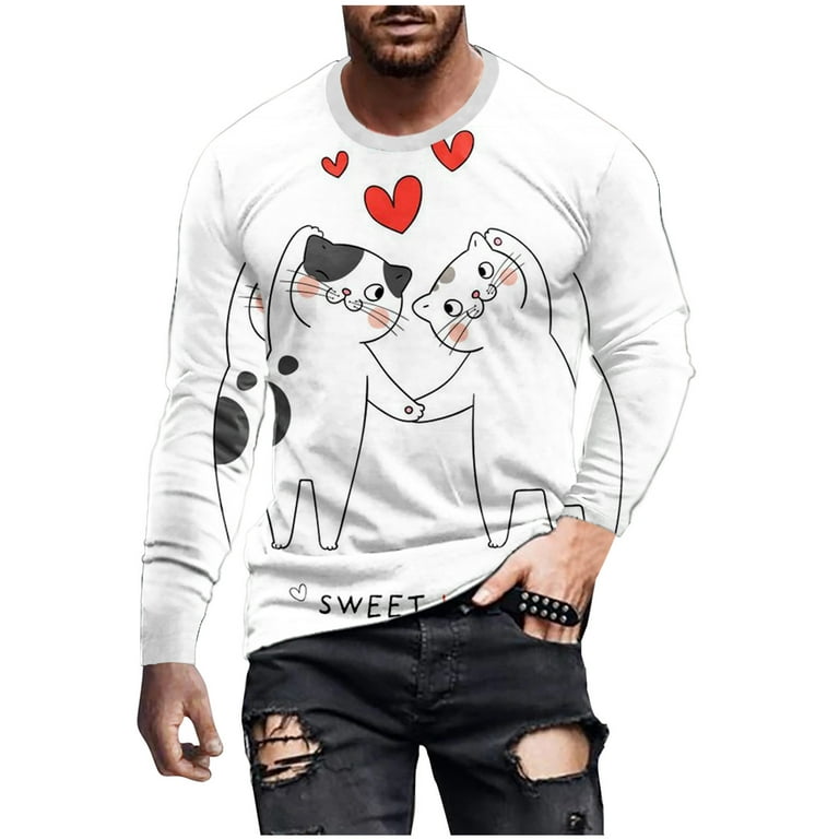 jsaierl Mens Shirts Long Sleeve 3D Love Heart Graphic Tee Casual Crew Neck  Tops Novelty Designer T Shirts for Valentine's Day 