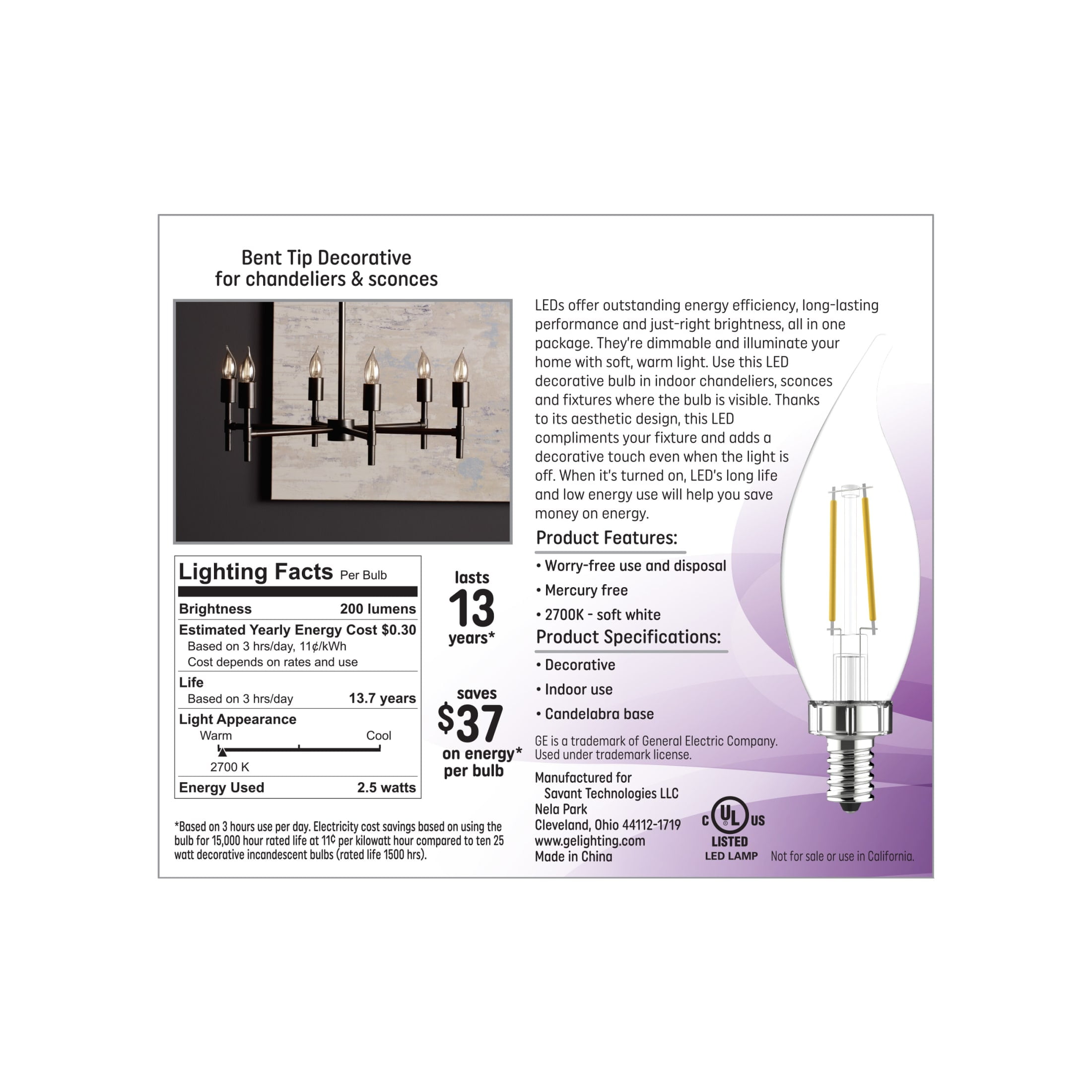(2 pack) GE LED Light Bulbs, 25 Watt, Soft White, CA11 Bulbs, Small Base, 13yr, 4pk