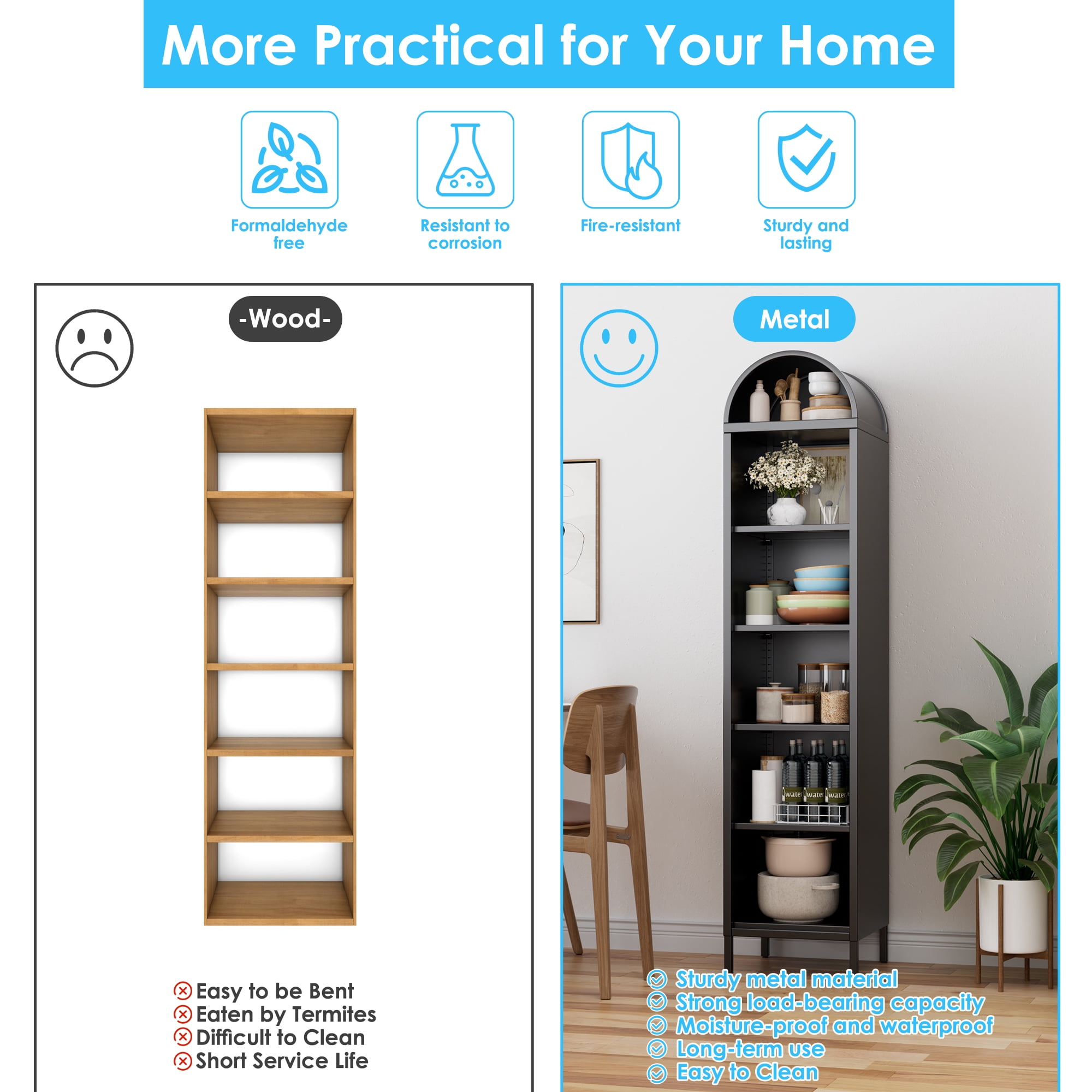 Aobabo Metal Arched Bookcase with 4 Adjustable Shelves,6 Tier Arch Display Bookshelf for Home, Office, Study Room, Assembly Required, Black,13.78"D x 16.26"W x 72.83"H