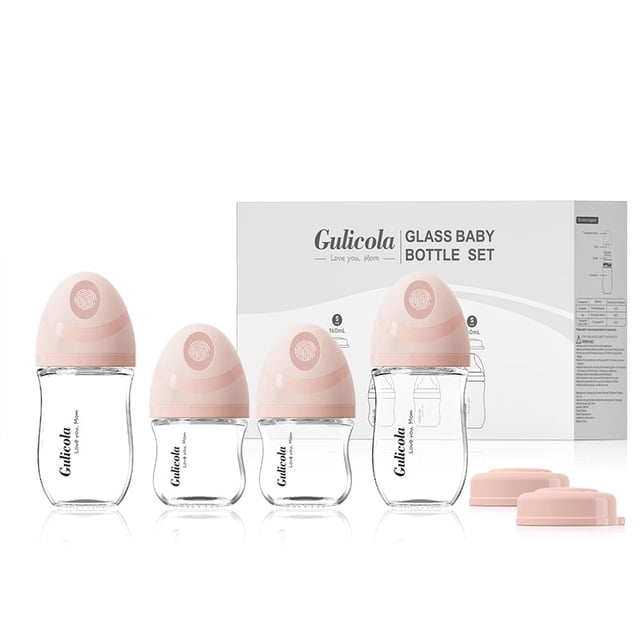 Gulicola Natural Glass Baby Bottles Set 4 Pack, Newborn Boy Breastfeeding Bottles with Slow Flow Nipples, 0 Months+, 3 oz & 5 oz - Pink