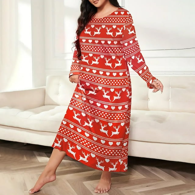 Chemises de Nuit pour Femmes Femmes Grande Taille Vêtements de Nuit Col Rond Manches Longues Nuisette Imprimée Pyjamas TG