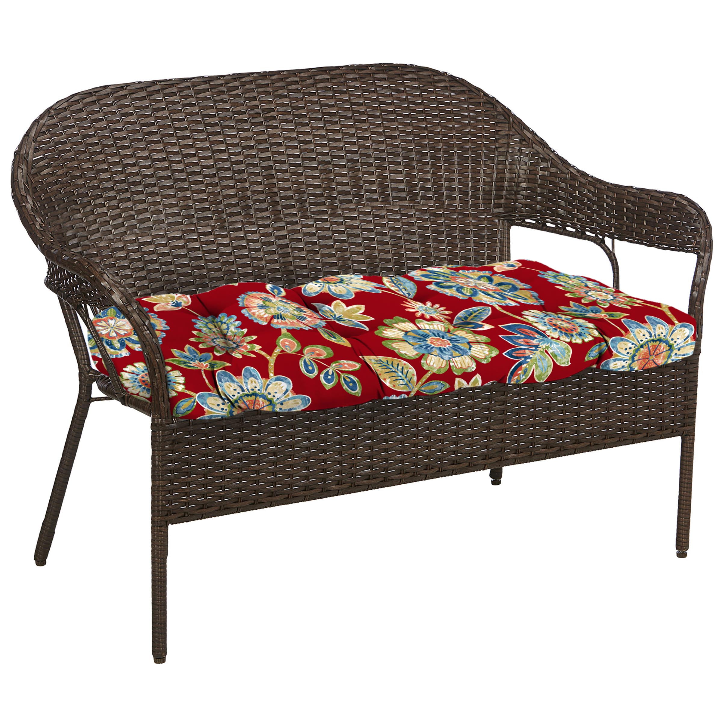 Jordan Manufacturing 44" x 18" Daelyn Cherry Red Floral Rectangular Tufted Outdoor Wicker Settee Bench Cushion with Rounded Back Corners